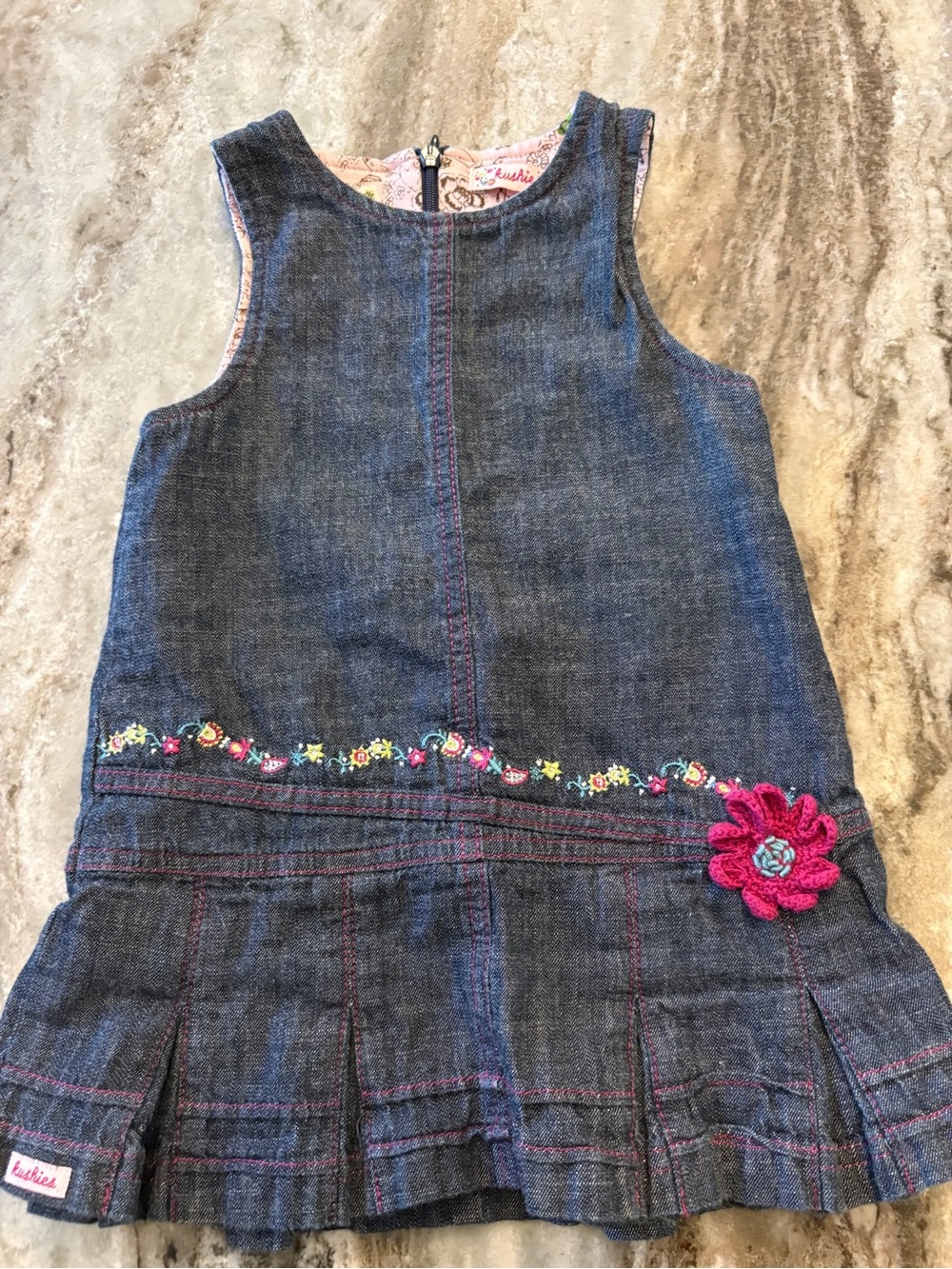 Y2K Kushies Denim Embroidered Toddler Dress with Pink Flower